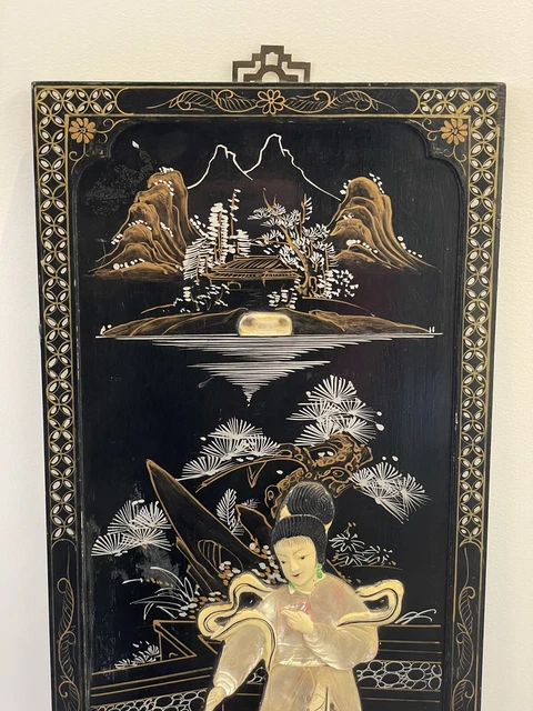 Tableau Ancien En Bois Noir – Scène Asiatique, Nacre, Vase Et Fleurs, Cadre
