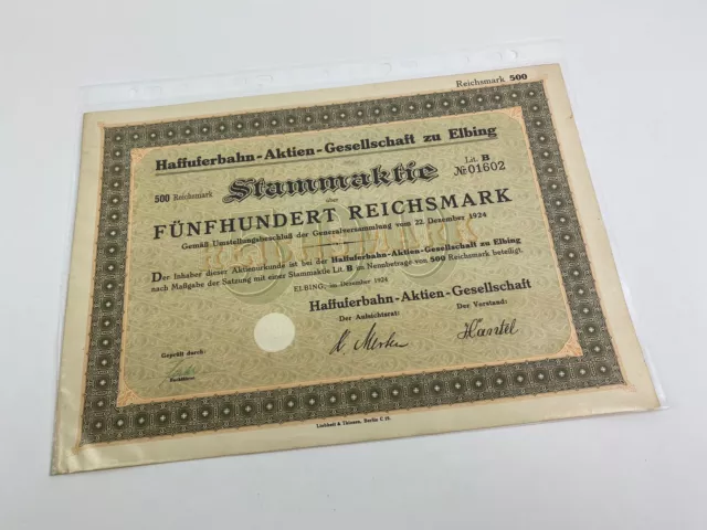 Original Stamm Aktie Haffuferbahn AG Elbing Elbląg Polen 1924 Ostpreußen Antik