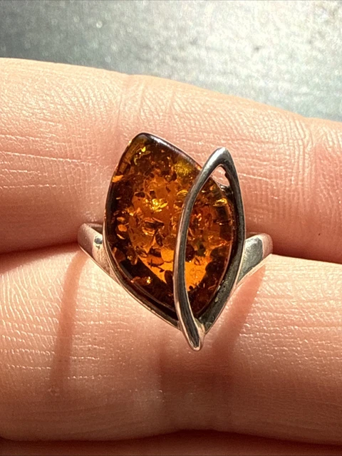 Bague Ancienne En Argent Massif 925 - Avec Ambre - Alliance Ou Anneau Créateur