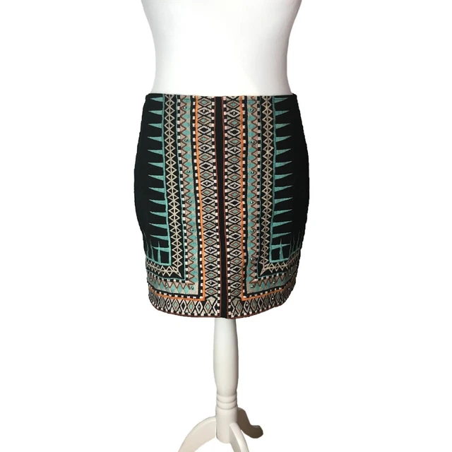 Minigonna da donna con perline River Island taglia 14 nera arazzo ricamato boho