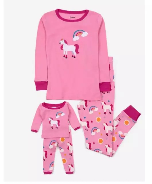 Leveret Matching Girl and Doll Pink Rainbow Unicorn Cotton Pajamas - 10-12 Years