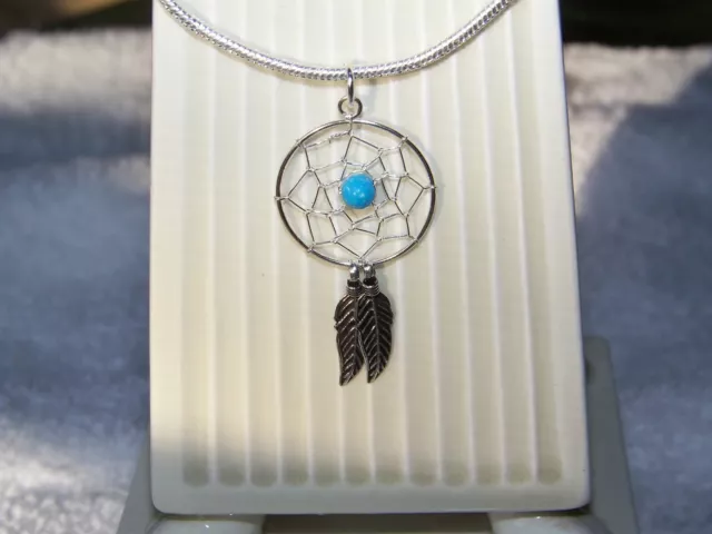 Sterling Silver  2 feather Dream Catcher & Turquoise necklace, 16-30 inch.