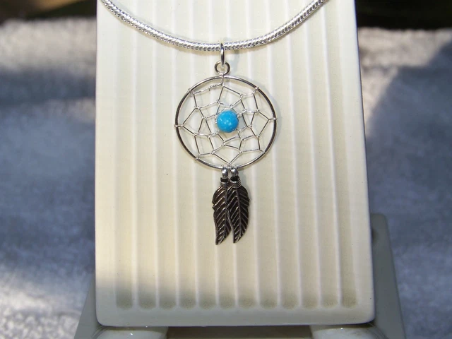 Sterling Silver  2 feather Dream Catcher & Turquoise necklace, 16-30 inch.
