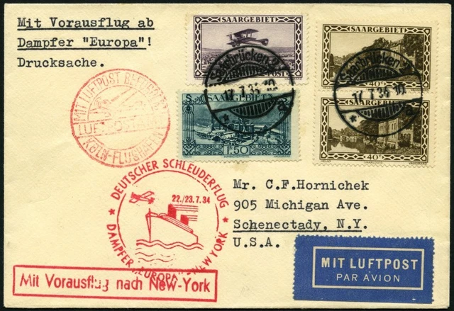KATAPULTPOST 167Sr, Saargebiet: 22.7.1934, &quot,Europa&quot,-New York, Prachtbr