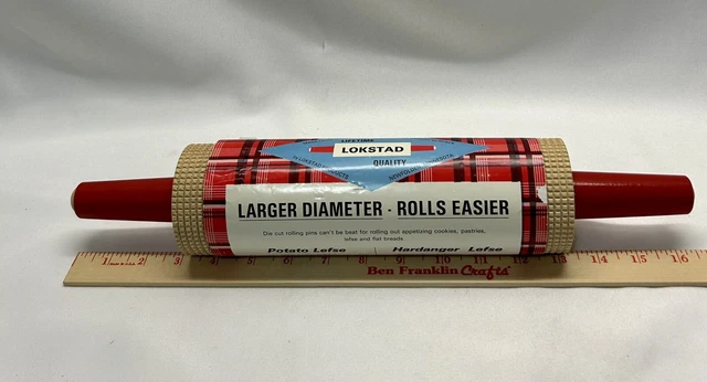 NEW LOKSTAD Maple Wood Red Handle Die Cross Cut Rolling Pin Lefse Cookies Bread