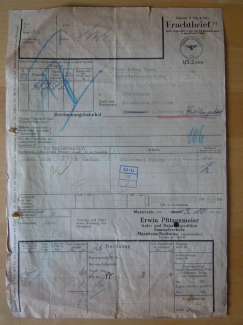AUDAC ÖL Gesellschaft 1949 Frachtbrief DEUTSCHE REICHSBAHN  US Zone ÖL Diatom