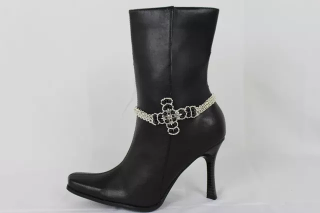 Women Silver Boot Anklet Chain Metal Western Shoe Bless Cross Charm Black Beads