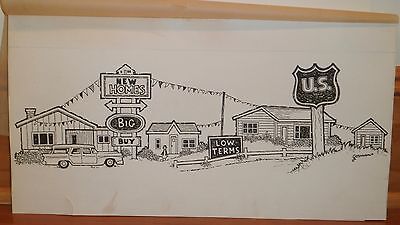 New Homes Model Site on Highway Illustration Art Ink Drawing-60s-William Gorman