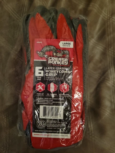 Grease Monkey Latex Coated Honeycomb Grip Mechanic Gloves 6 Pairs Red Gray Sz LG