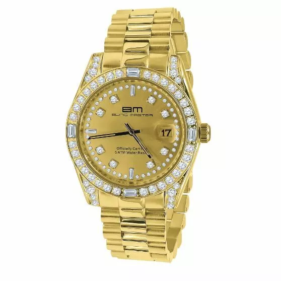 Yellow Gold Tone Finish Stainless Steel Simulated Diamond 40mm Mens Watch W/Date