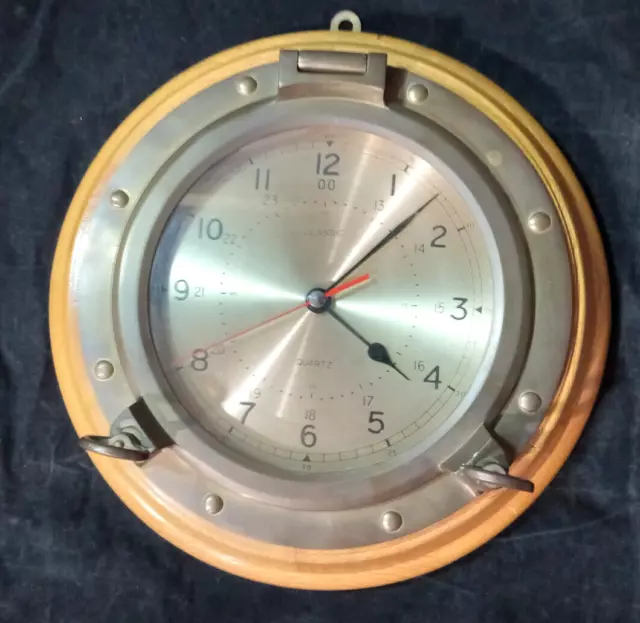 Vintage 1980s Quartz Nautical Porthole Hanging Clock. Wood And Brass