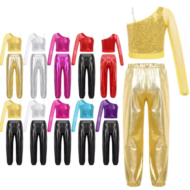 Kids Girl's Crop Top With Pants Sheer Dance Outfit Hip-hop Tracksuit Gym Show