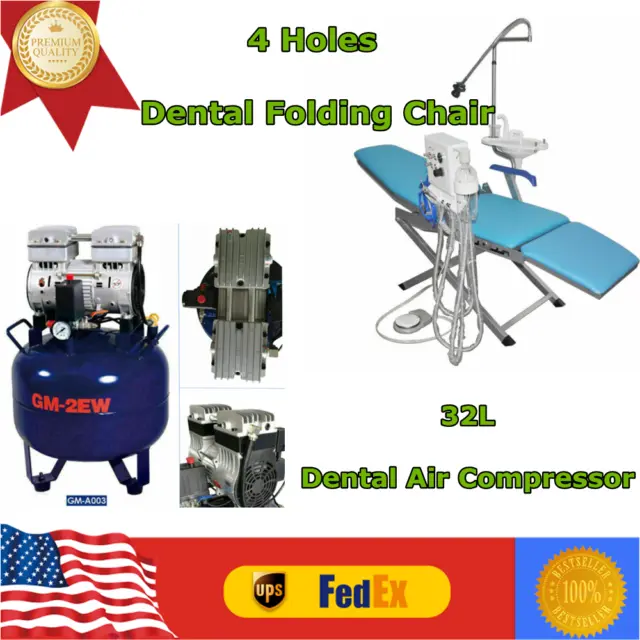 4 Hole Dental Medical Folding Chair Portable & Air Compressor Oil Free Tank 32L