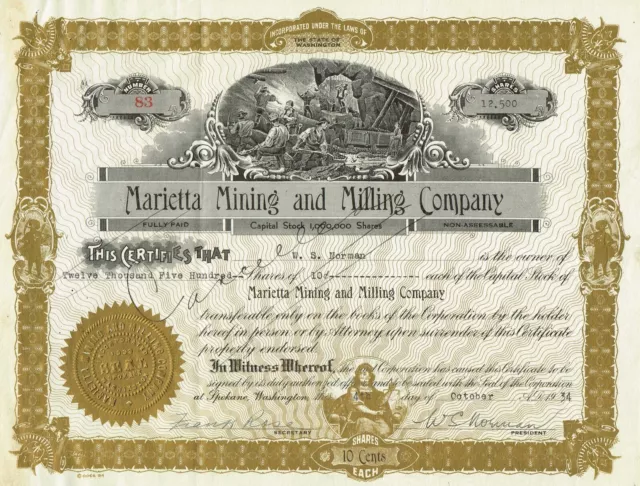 USA MARIETTA MINING & MILLING COMPANY stock certificate