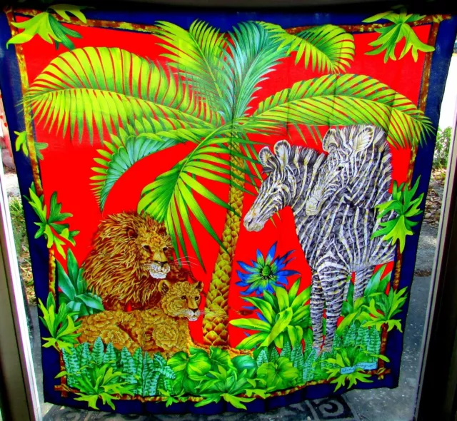 Salvadore Ferragamo Animal Print Silk Scarf Jungle Lions Zebra  33" x 33" ITALY