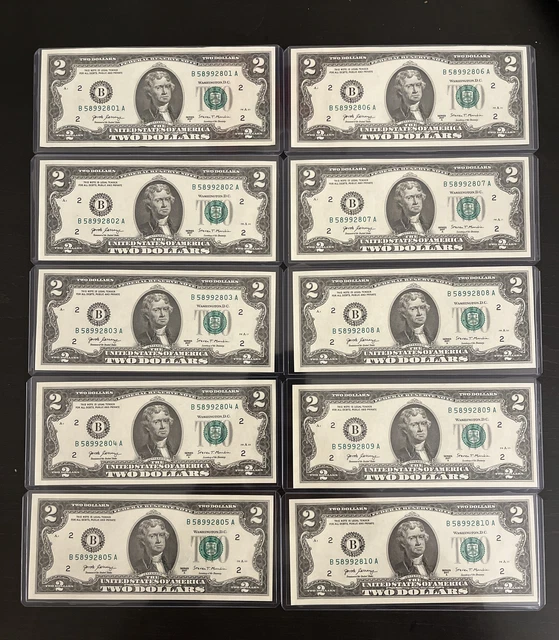 Ten Uncirculated Two Dollar Notes Bills From BEP Strap In Plastic Top Loaders