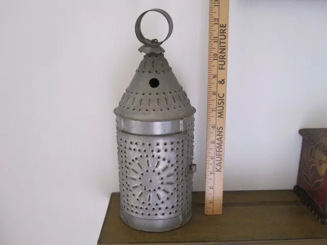 Primitive Vintage Early American Punched Tin Lantern 13” tall