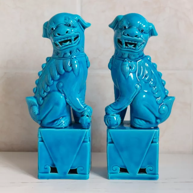 Vintage Turquoise Ceramic Temple Fu Foo Dogs Lions Figurines Pair Chinese