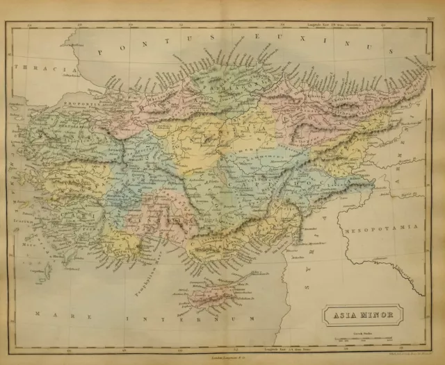 1851 Main Coloré Ancien Carte Asie Mineure Chypre Cappadoce Paphlagonia Mysie