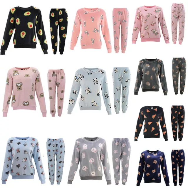 FIL Womens Plush 2pc Set Pyjama Loungewear Fleece Pajamas PJs Sleepwear w Prints