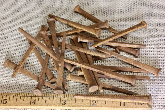 2 1/2” Old square NAILS 1/4" head 25 qty vintage 1880’s iron antique rust patina