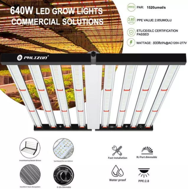 Phlizon PRO 640W LED Grow Light 8Bar Full Spectrum Medical Plants Foldable Lamp