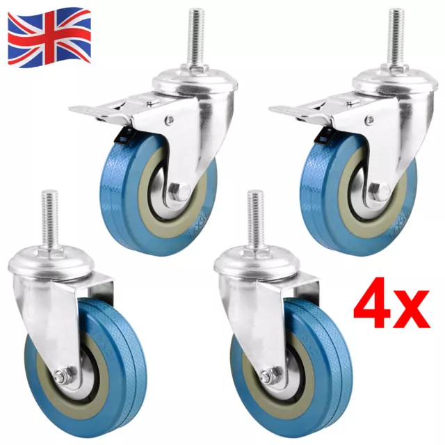 4x Heavy Duty 75mm Swivel Castor Wheels Furniture Trolley Caster Wheel w/ Brake