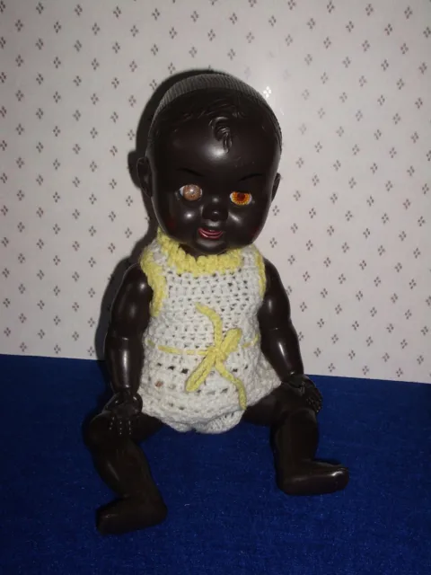 Vintage Kader 10 " Dressed Black Baby Doll Open & Close Amber Eyes & Hard Lashes