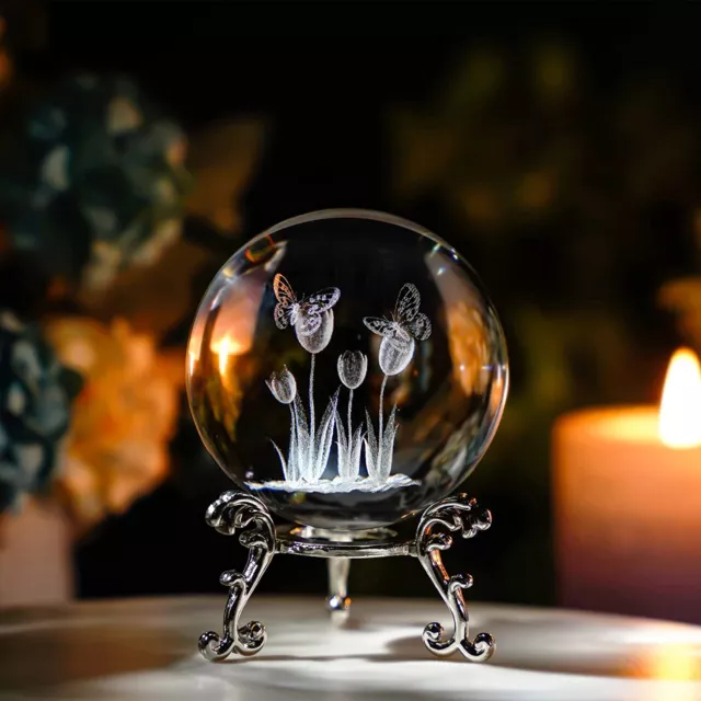 Tulip Crystal Ball 3D Laser Butterflies Paperweight Decorative Glass Figurine