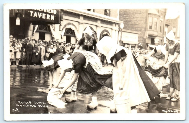 POSTCARD RPPC Tulip Time Holland Michigan Women Scrubbing the Street