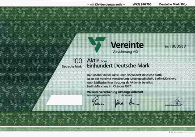 Vereinte Versicherung AG 1987 Berlin München 100 DM Allianz Magdeburg Swiss RE #