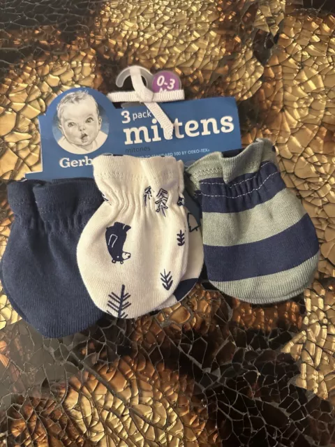 Gerber Baby Boys Cotton Mittens Size 0-3 Months 3 Pack Blue White Bear NEW