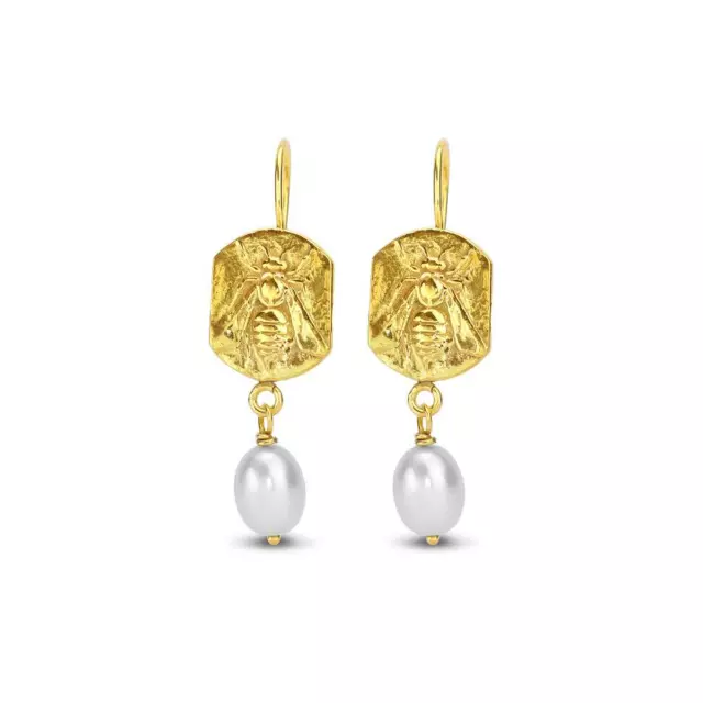 Artisan Bee Coin Gold Earrings with Pearl Charms Ancient Roman 24 k Gold Plated