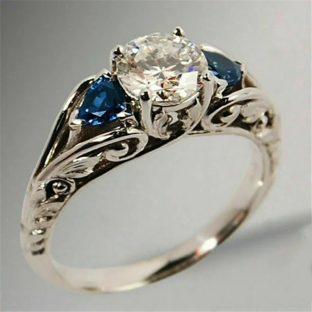 Three Stone Design White Round With Blue Sapphire Engagement Ring In 935 Silver