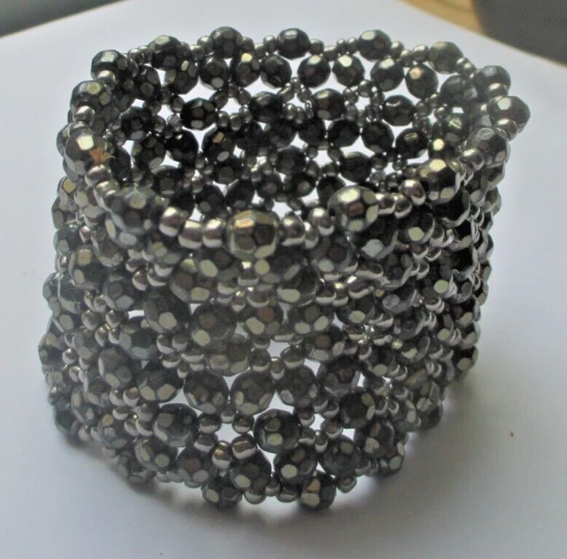 Bracelet Manchette Perles Métal Et Strass Zirconia - Élastique Ajustable Gris Argent