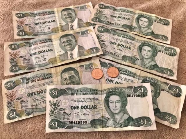 7x BAHAMAS $1 Dollar Bank Notes 2x 1 Cent Coins Circulated Banknotes