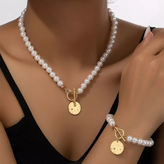 Light Luxury Pearl Bracelet Necklace Set Electroplating Love Collarbone Chain