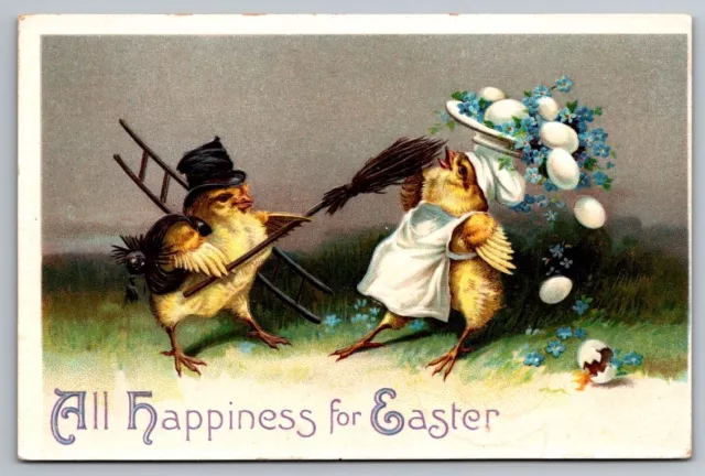 Easter Greetings Postcard Chicks Chef Plate On Head Apron Broom Stick Cleaning