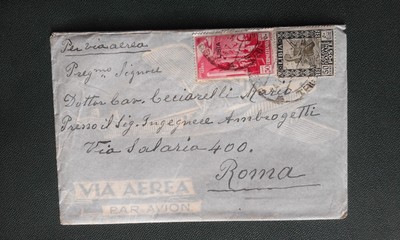 AFFRANCATURA COLONIALE SPRASTAMPA LIBIA TRIPOLI-ROMA VIA AEREA COLONIE 