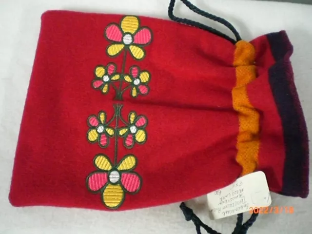 Dance Regalia Bag, Red 3 Band Broadcloth Embroidered & Lined Drawstring Pouch