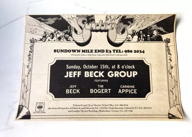 Jeff Beck Group 1972 Sundown Mile End Small Vintage Advert 12" X 8" Melody Maker