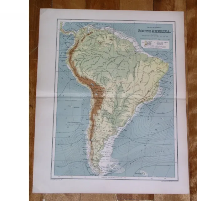 1912 Antique Physique Map Of South America / Brazil Argentina / Andes