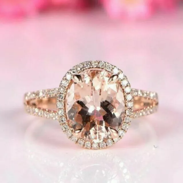 Exclusive 2Ct Oval Cut Natural Morganite Halo Ring 14K Rose Gold Silver Plated