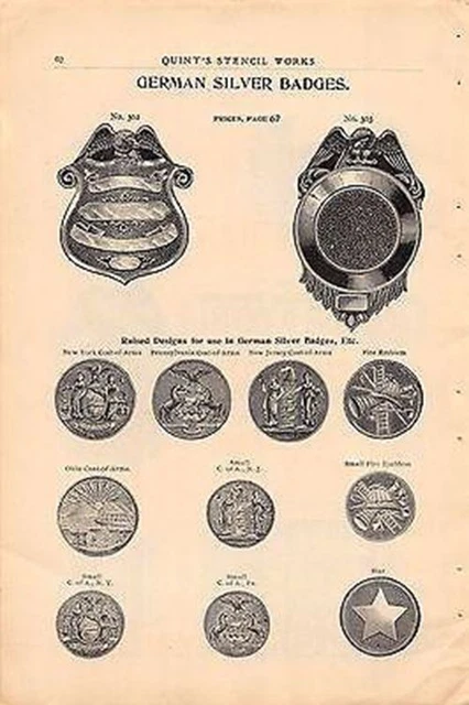 German Police & Fire Badges in Silver Antique Sales Catalog Advertising Page