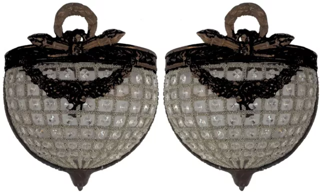 Pair Half Round Replica Crystal Basket French Empire Wall Lights Sconces