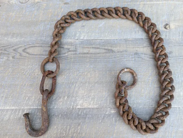 Antique Wrought Iron Hook & Curb Chain~49 inches~Rustic~English~Light Fitting