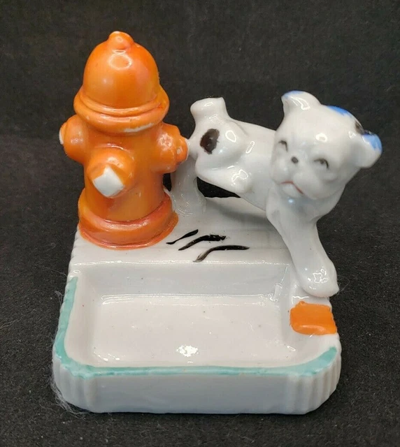 VINTAGE DOG FIRE Hydrant Ashtray with Green Rim Made in Japan 2.5"Hx2