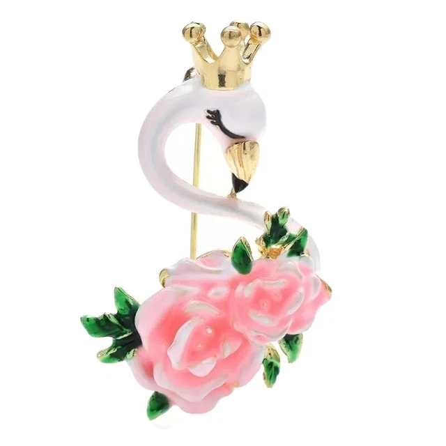 Schwan Rose Emaille Brosche Goldton Krone Blattgrün weiß rosa Reversnadel Abzeichen