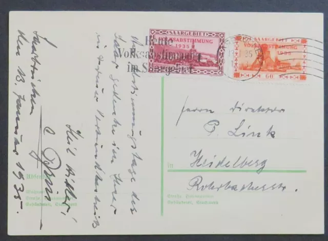 Saargebiet, 13.1.35, Volksabstimmung 1935, Mi. 185 u. 186 auf Postkarte mit SSt