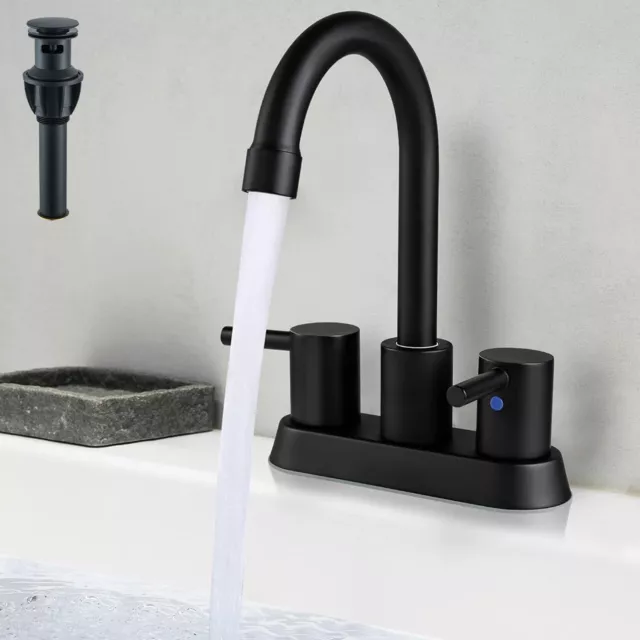 Matte Black Bathroom Faucet 3 Hole 2 Handle Bathroom Sink Faucet w/ Pop-Up Drain